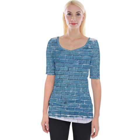 White And Blue Brick Wall Wide Neckline Tee by artworkshop