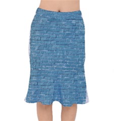 White And Blue Brick Wall Short Mermaid Skirt by artworkshop