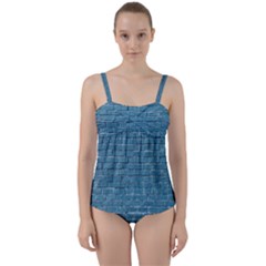 White And Blue Brick Wall Twist Front Tankini Set by artworkshop