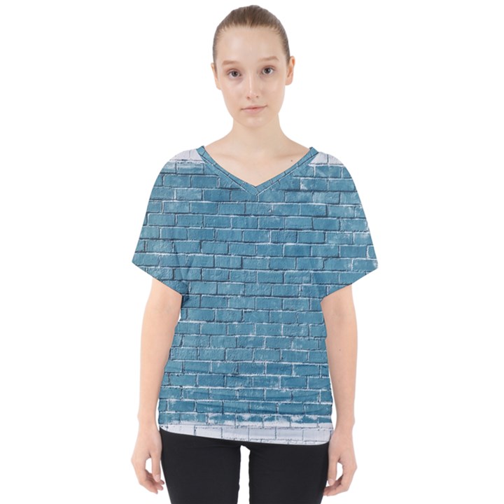 White And Blue Brick Wall V-Neck Dolman Drape Top