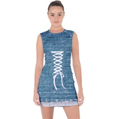 White And Blue Brick Wall Lace Up Front Bodycon Dress by artworkshop