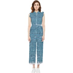 White And Blue Brick Wall Women s Frill Top Chiffon Jumpsuit by artworkshop