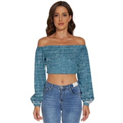 White And Blue Brick Wall Long Sleeve Crinkled Weave Crop Top