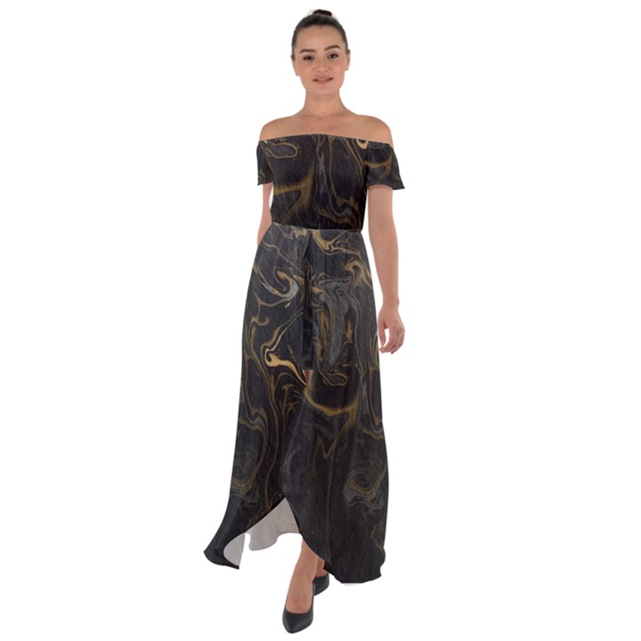 Black Gold  Off Shoulder Open Front Chiffon Dress