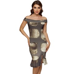 Gold Rush  Off Shoulder Ruffle Split Hem Bodycon Dress