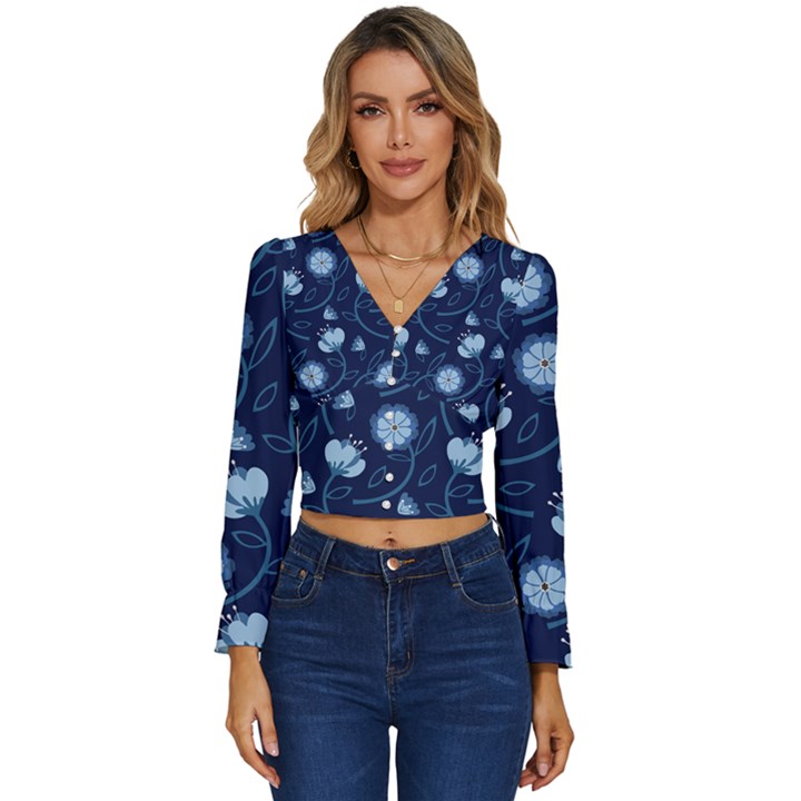 Flower Long Sleeve V-Neck Top