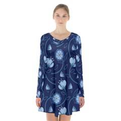 Flower Long Sleeve Velvet V-neck Dress by zappwaits