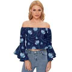 Flower Off Shoulder Flutter Bell Sleeve Top