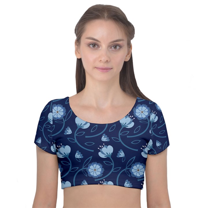 Flower Velvet Short Sleeve Crop Top 