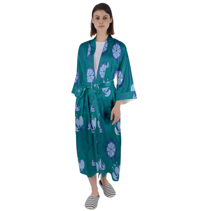 Floral-seamless-pattern Maxi Satin Kimono