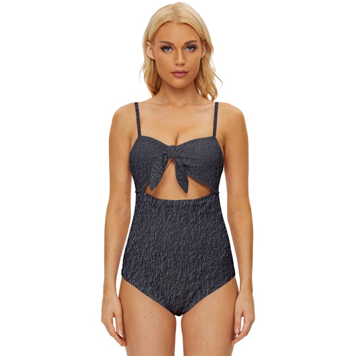 Black Wall Texture Knot Front One-Piece Swimsuit