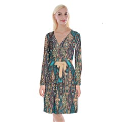 Flower Texture Long Sleeve Velvet Front Wrap Dress by artworkshop