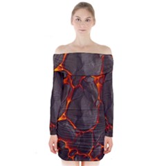 Lava Volcanic Rock Texture Long Sleeve Off Shoulder Dress by artworkshop