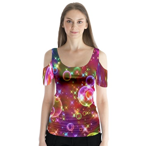 Rainbow Spectrum Bubbles Butterfly Sleeve Cutout Tee  by artworkshop