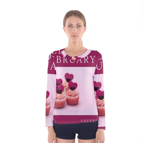 Hello February Text And Cupcakes Women s Long Sleeve Tee by artworkshop