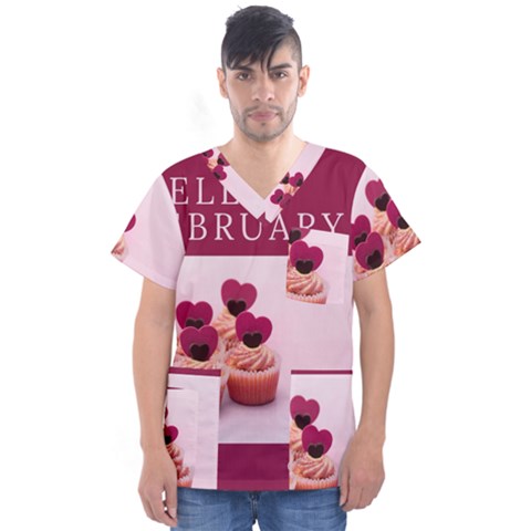 Hello February Text And Cupcakes Men s V-neck Scrub Top by artworkshop