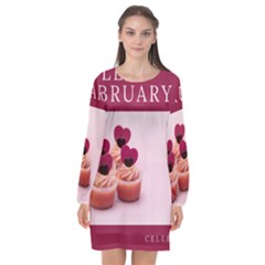 Hello February Text And Cupcakes Long Sleeve Chiffon Shift Dress  by artworkshop