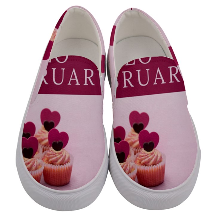 Hello february text and cupcakes Men s Canvas Slip Ons