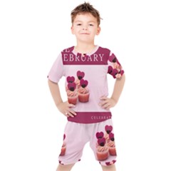 Hello February Text And Cupcakes Kids  Tee And Shorts Set by artworkshop