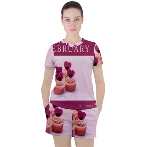 Hello February Text And Cupcakes Women s Tee And Shorts Set by artworkshop