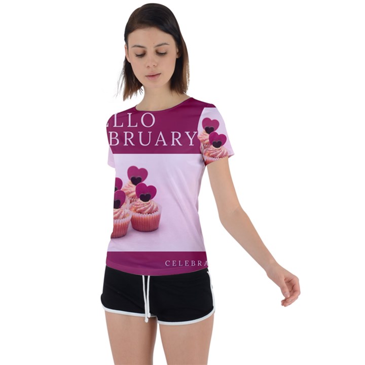 Hello february text and cupcakes Back Circle Cutout Sports Tee