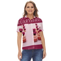 Hello February Text And Cupcakes Women s Short Sleeve Double Pocket Shirt