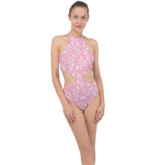 Texture With White Flowers Halter Side Cut Swimsuit