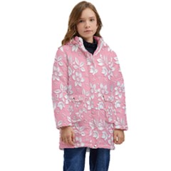 Texture With White Flowers Kid s Hooded Longline Puffer Jacket by artworkshop