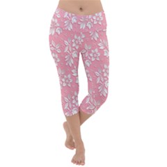 Texture With White Flowers Lightweight Velour Capri Yoga Leggings by artworkshop