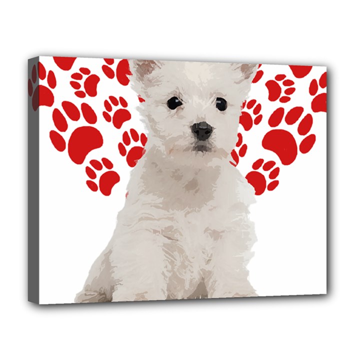 West Highland White Terrier Gift T- Shirt Cute West Highland White Terrier Valentine Heart Paw West Canvas 14  x 11  (Stretched)