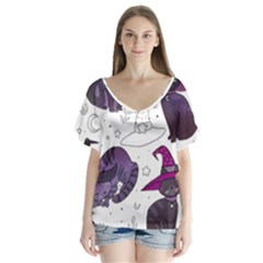 Witch Cat T- Shirt Cute Fantasy Space Witch Cats T- Shirt V-neck Flutter Sleeve Top