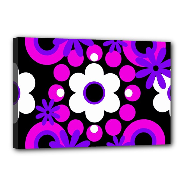 Flowers Pearls And Donuts Purple Hot Pink White Black  Canvas 18  x 12  (Stretched)