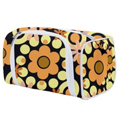 Flowers Pearls And Donuts Peach Yellow Orange Black Toiletries Pouch by Mazipoodles