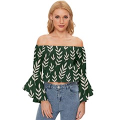 Leaves Foliage Plants Pattern Off Shoulder Flutter Bell Sleeve Top