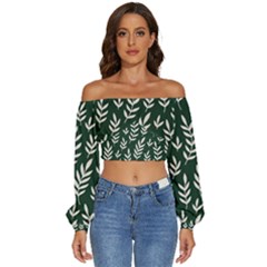 Leaves Foliage Plants Pattern Long Sleeve Crinkled Weave Crop Top