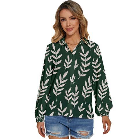 Leaves Foliage Plants Pattern Women s Long Sleeve Button Down Shirt by Ravend