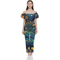 Abstract Pattern Background Off Shoulder Ruffle Top Jumpsuit by Ravend