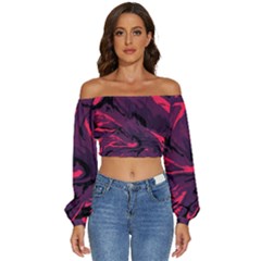 Abstract Pattern Texture Art Long Sleeve Crinkled Weave Crop Top