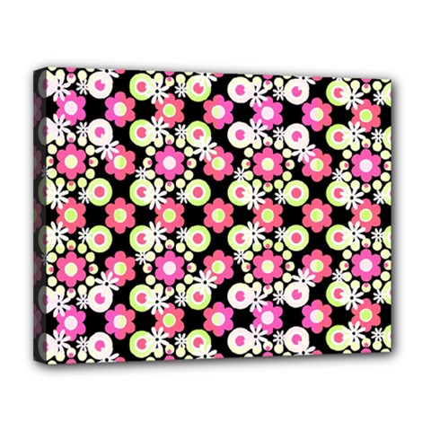 Bitesize Flowers Pearls And Donuts Strawberry Lemon Lime Sherbet Black Canvas 14  X 11  (stretched) by Mazipoodles