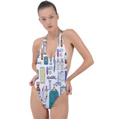 Medical Biology Detail Medicine Psychedelic Science Abstract Abstraction Chemistry Genetics Art Patt Backless Halter One Piece Swimsuit