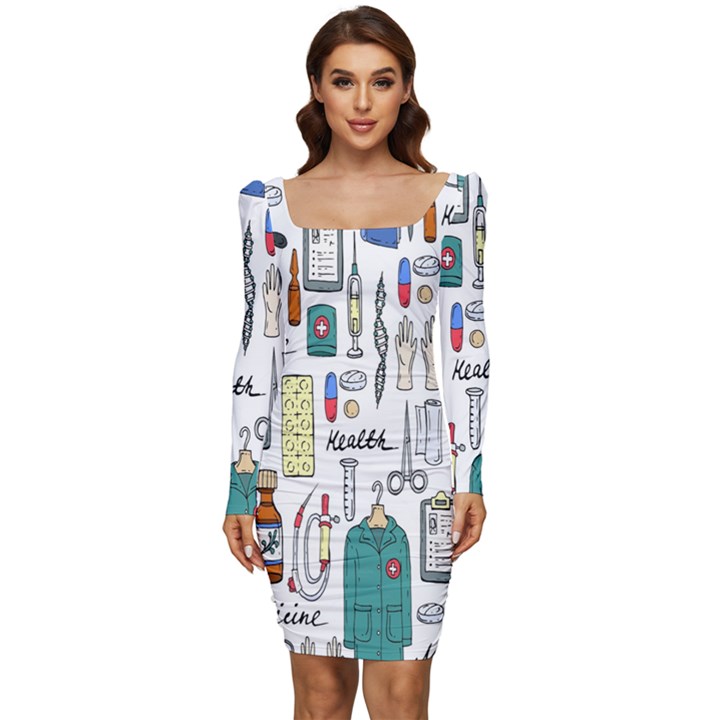 Medical Biology Detail Medicine Psychedelic Science Abstract Abstraction Chemistry Genetics Art Patt Women Long Sleeve Ruched Stretch Jersey Dress