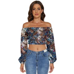 Brown Leaves Long Sleeve Crinkled Weave Crop Top