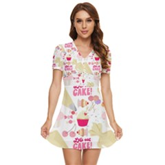 Desserts Pastries Baking Wallpaper V-neck High Waist Chiffon Mini Dress by Ravend