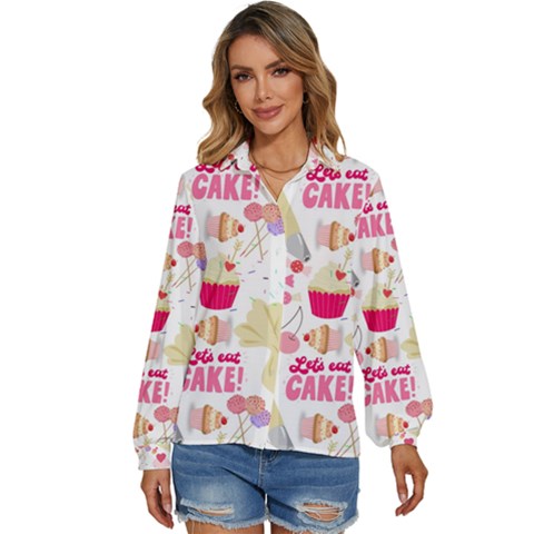 Desserts Pastries Baking Wallpaper Women s Long Sleeve Button Down Shirt by Ravend