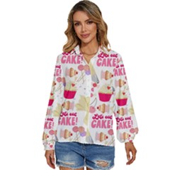 Desserts Pastries Baking Wallpaper Women s Long Sleeve Button Down Shirt