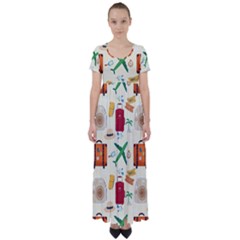 Suitcase Tickets Plane Camera High Waist Short Sleeve Maxi Dress by Ravend