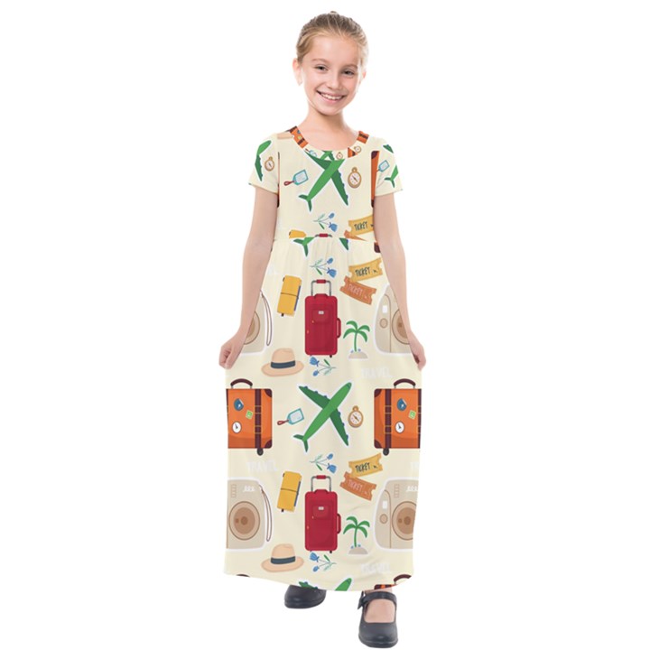 Suitcase Tickets Plane Camera Kids  Short Sleeve Maxi Dress