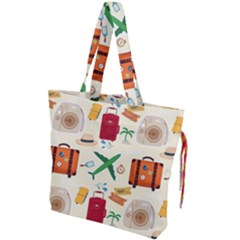 Suitcase Tickets Plane Camera Drawstring Tote Bag by Ravend