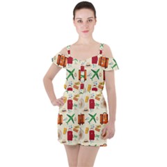 Suitcase Tickets Plane Camera Ruffle Cut Out Chiffon Playsuit by Ravend