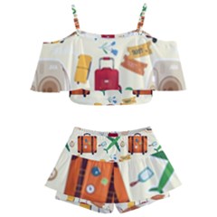 Suitcase Tickets Plane Camera Kids  Off Shoulder Skirt Bikini by Ravend